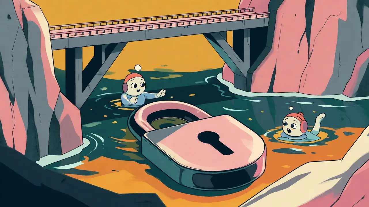 Cartoon padlock securing a liquidity pool with trapped swimmers