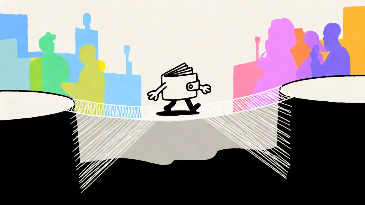 Cartoon wallet crossing fragile bridge over void representing illiquidity