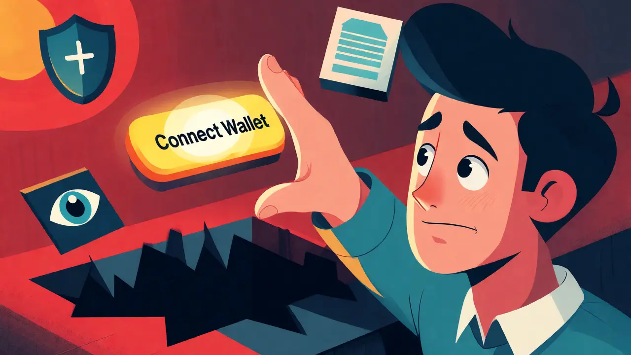 Cautionary scene showing the risk of connecting wallets to unverified sites