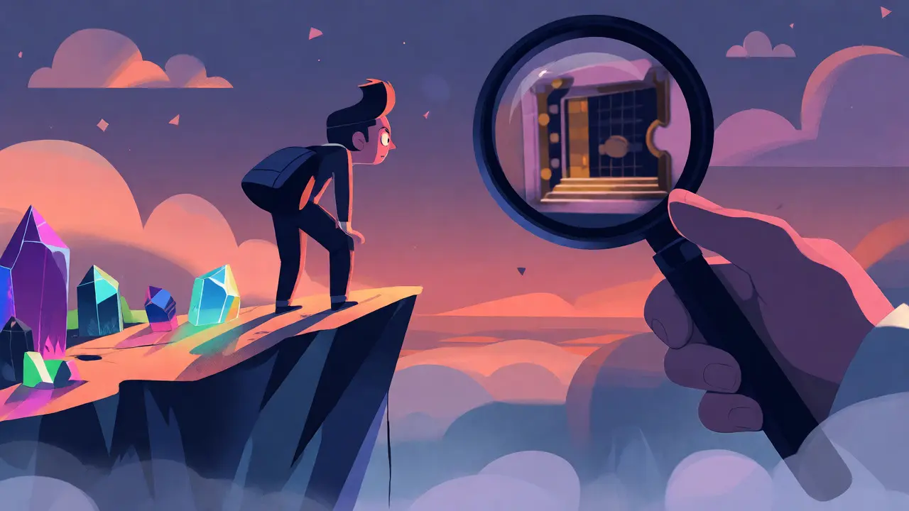 Character inspecting foggy crypto cliff with magnifying glass in UPA style