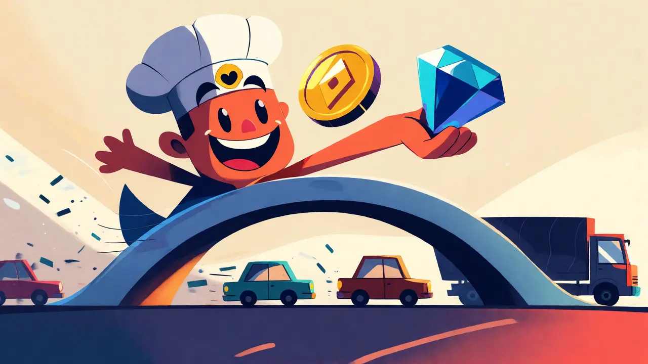 Chef character swapping coins on a bridge with fast cars below in UPA style.