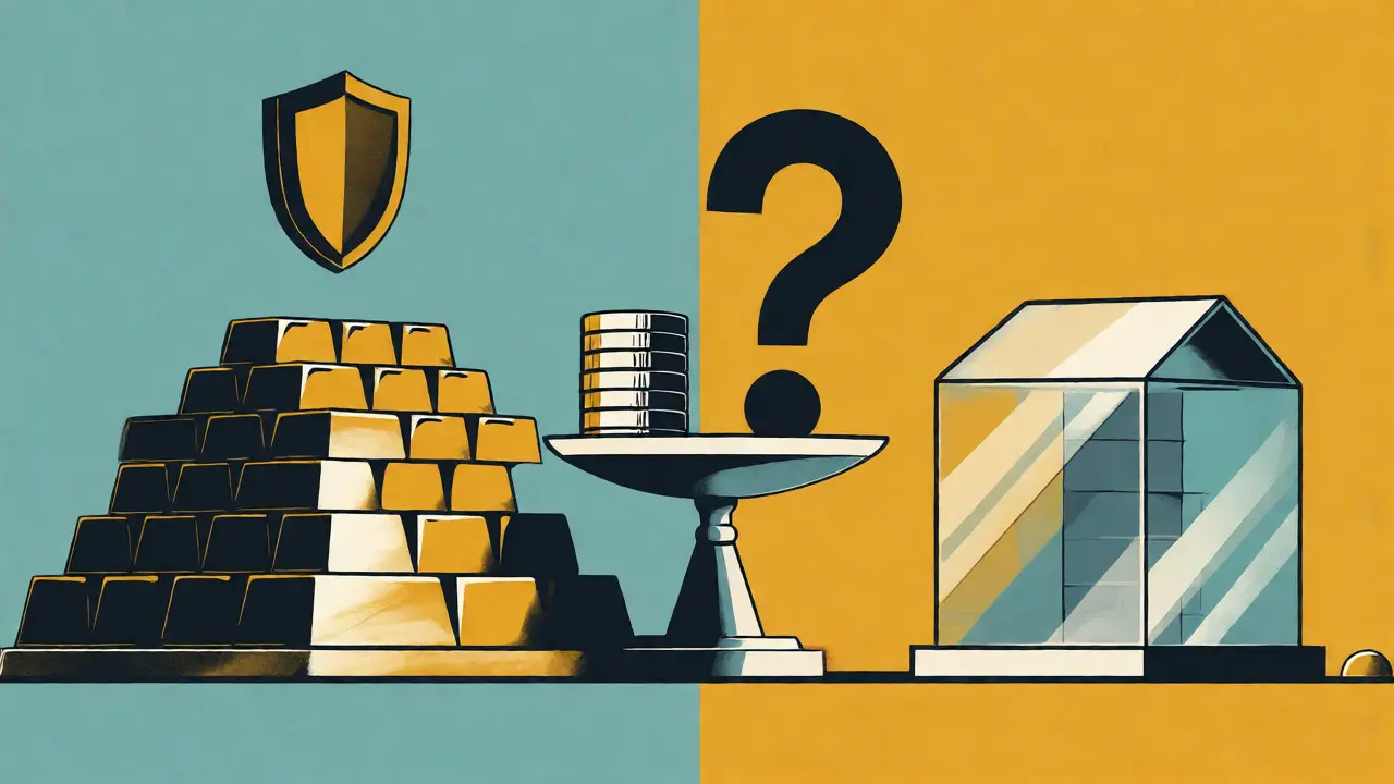 Contrast between secure gold-bar exchange and fragile glass Retro platform