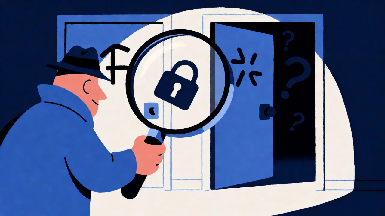 Detective inspecting identical doors to highlight crypto platform identity risks