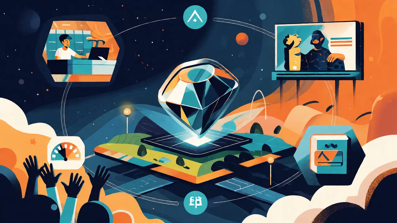Flat design art showing XSEED token powering games, ads, and governance