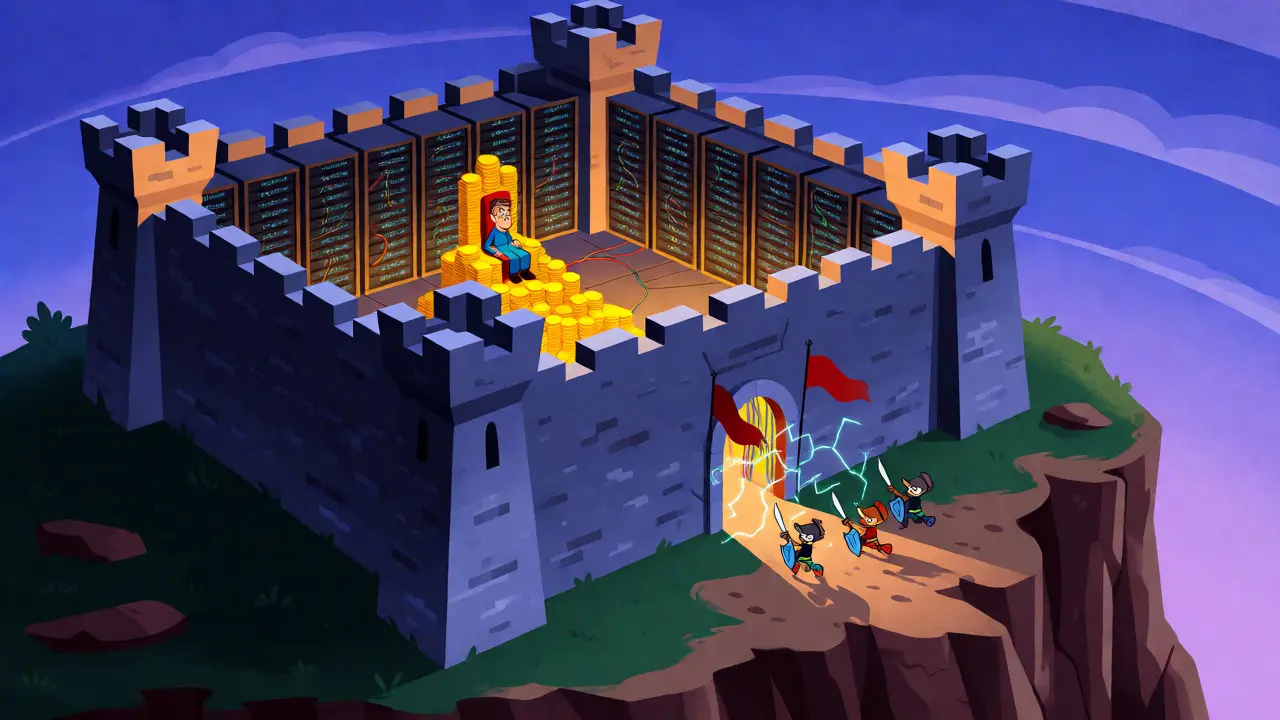 Fortress made of servers defending Bitcoin network against cartoon attackers.