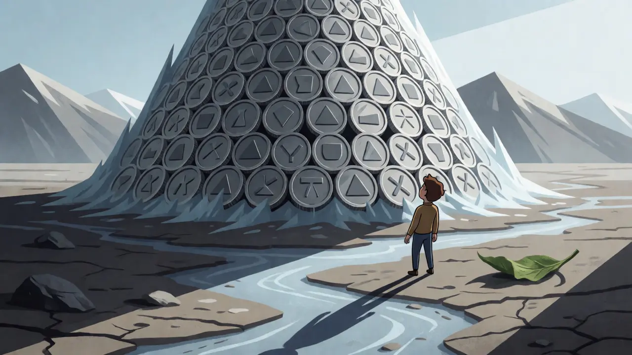 Frozen coin mountain towering over dry riverbed illustrating tokenomics