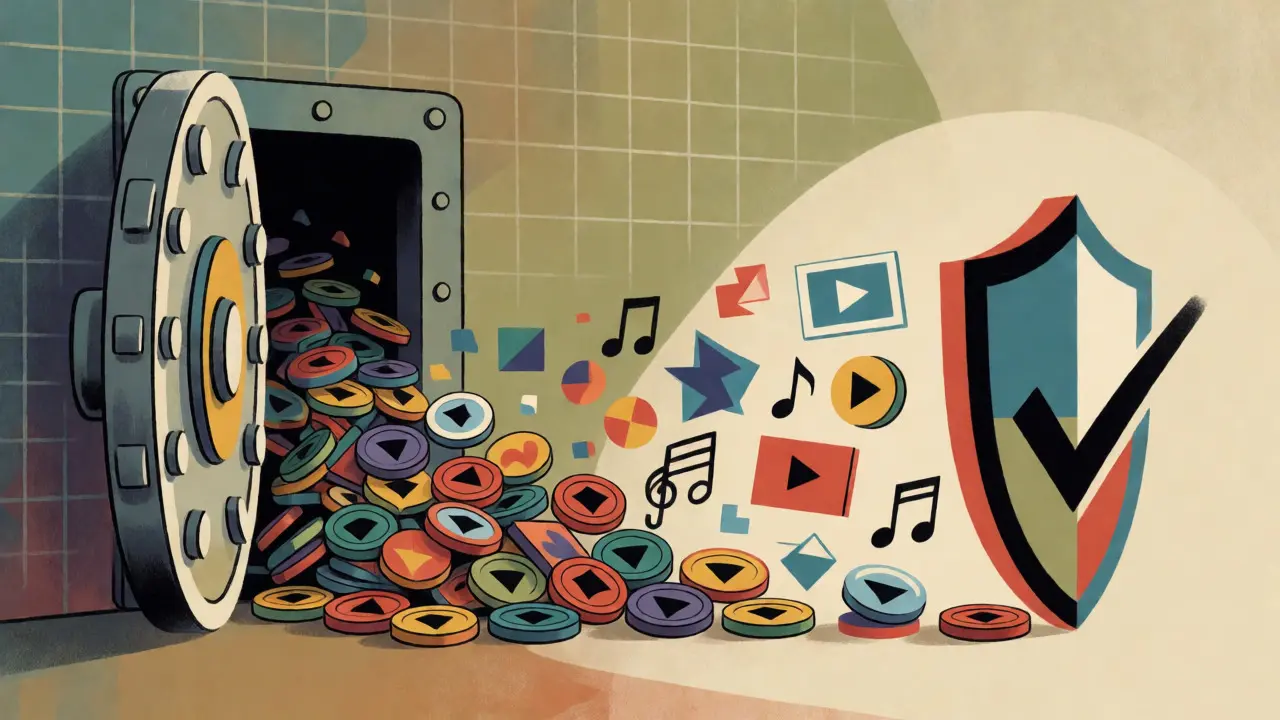 Geometric tokens flowing from vault transforming into content with security shield