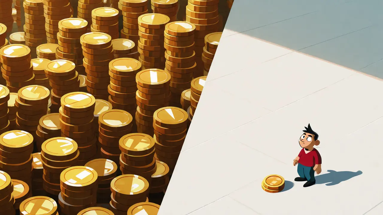 Giant coin stack vs tiny coin showing volume gap