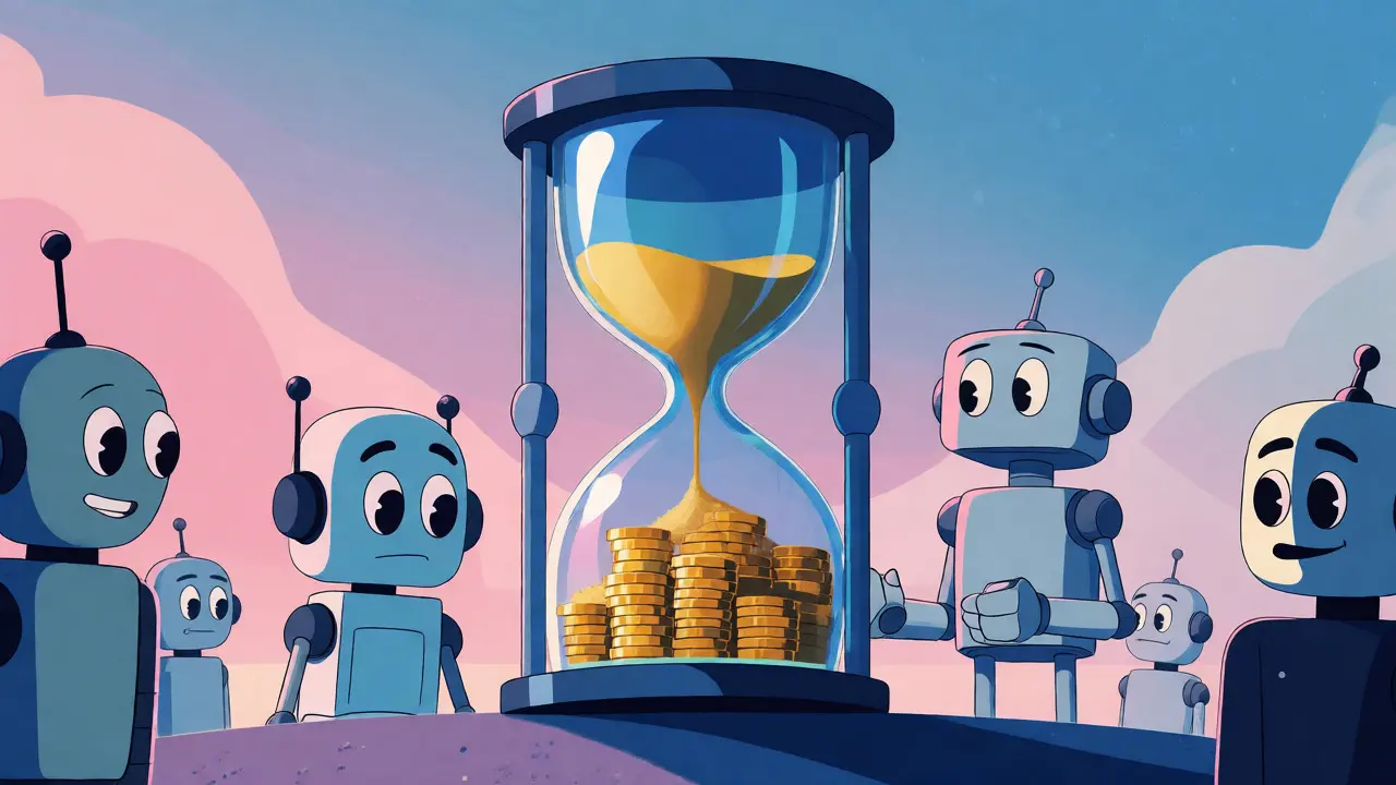 Hourglass and AI robots illustrating the waiting period and verification process for crypto token vesting.