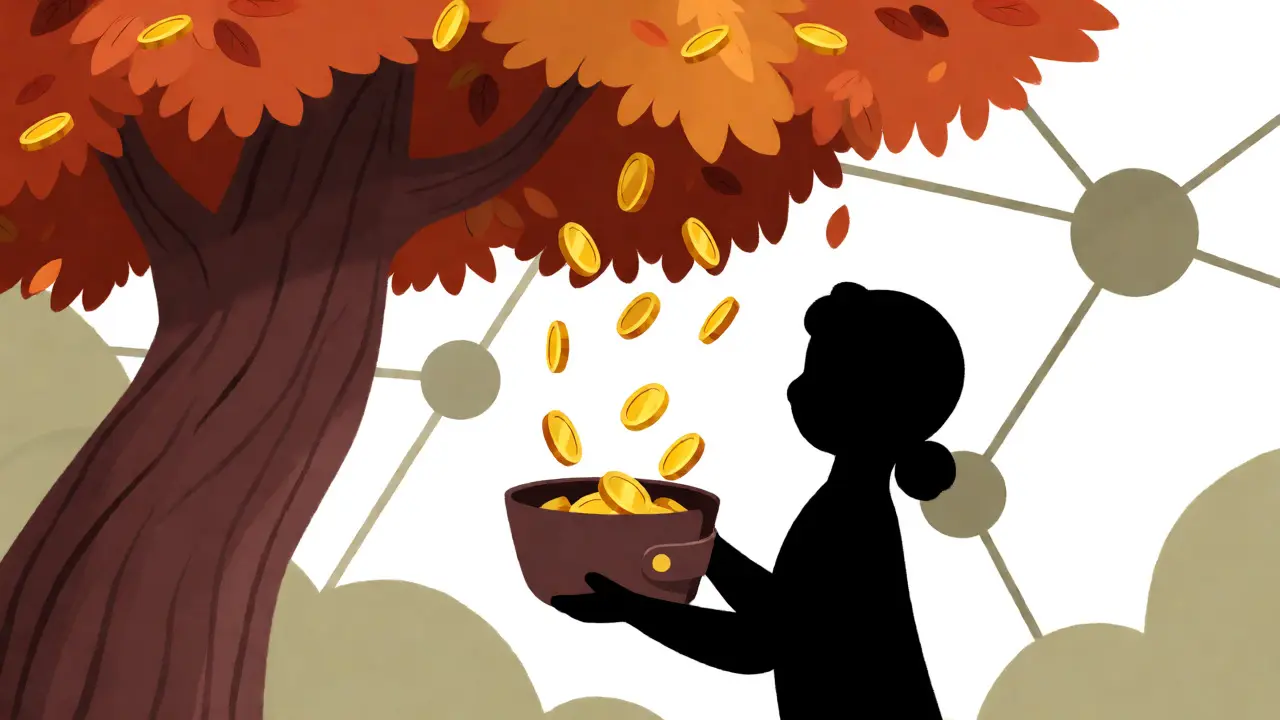 Illustration of golden tokens falling from an autumn tree into a wallet