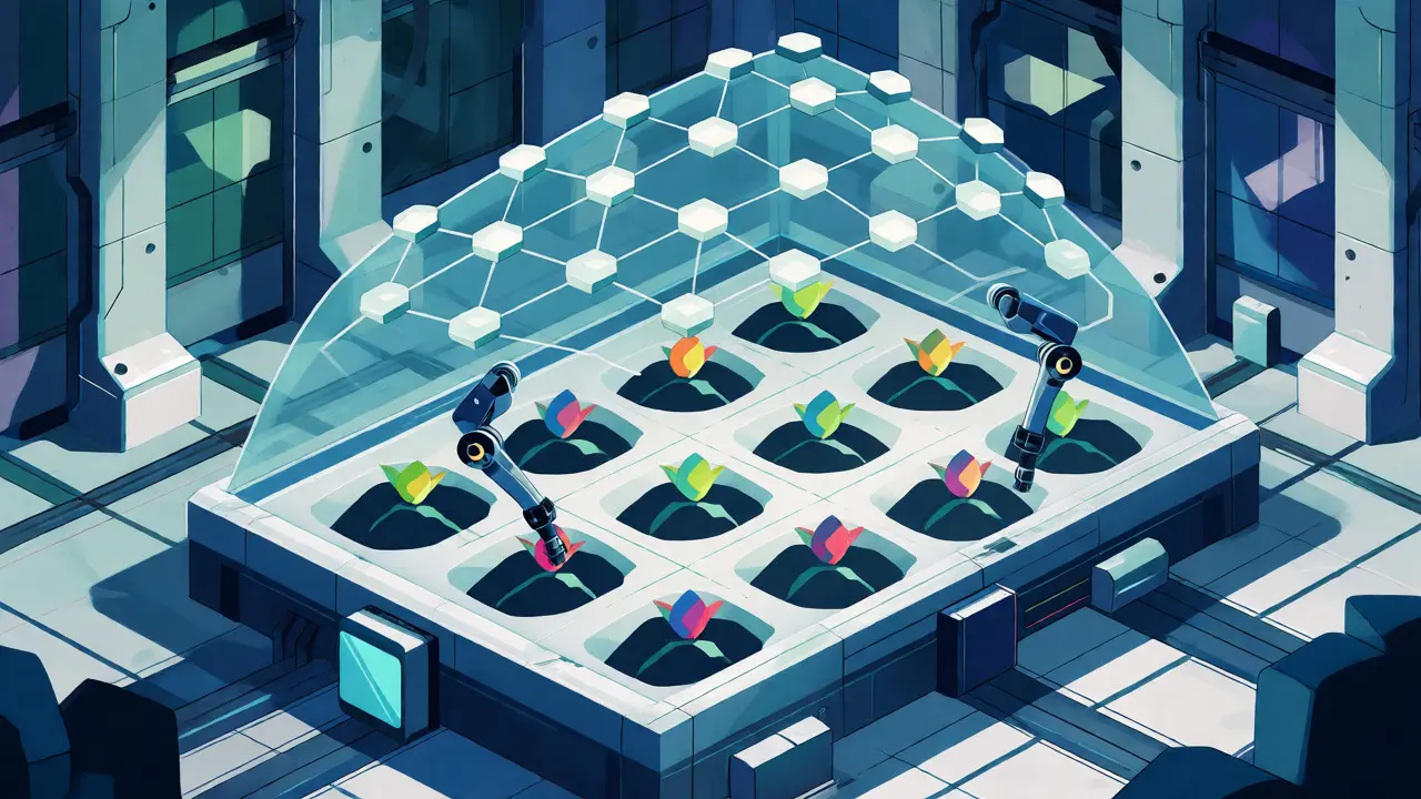 Isometric incubator facility with robots planting digital seeds under a protective shield.