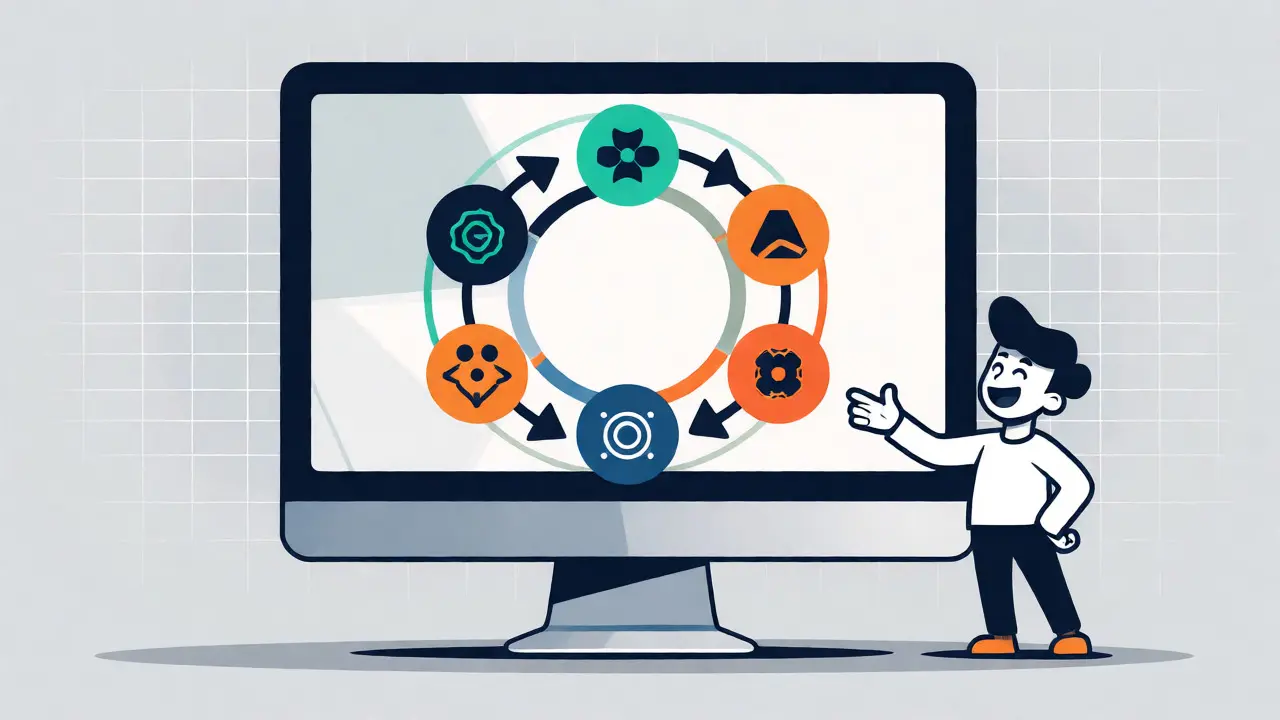 Minimalist illustration of a unified dashboard connecting four blockchain networks seamlessly.