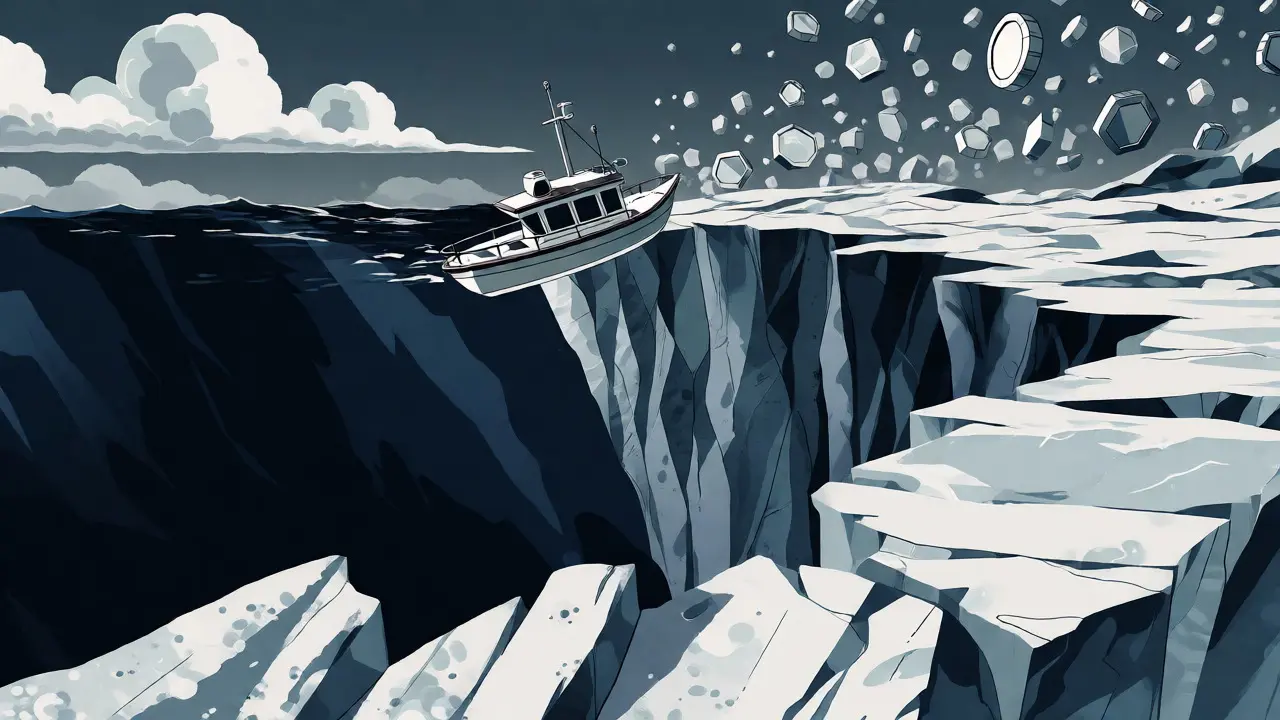 Small boat on a cliff-edge ocean symbolizing low liquidity and slippage risks.