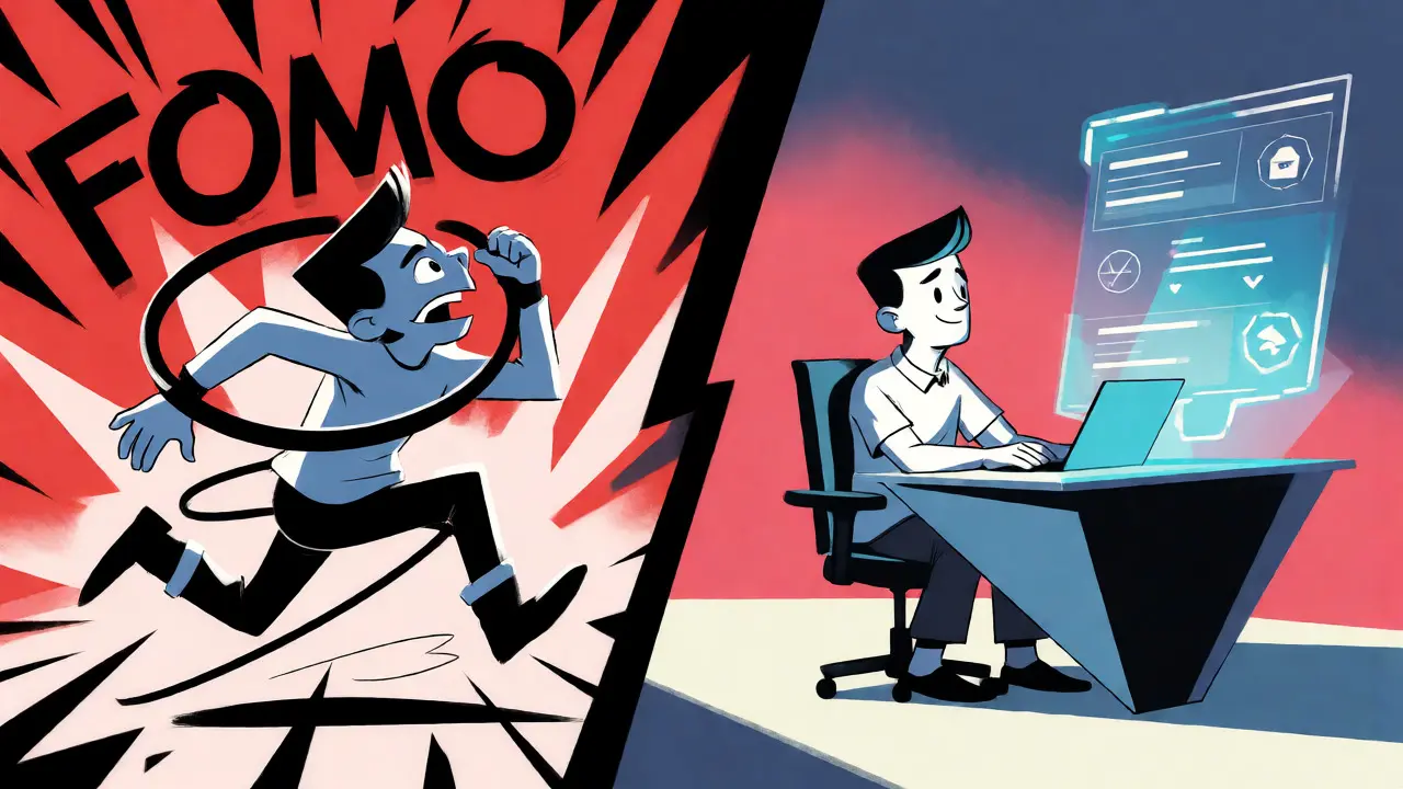 Split-screen cartoon contrasting a frantic FOMO character with a calm user managing testnet tasks strategically.