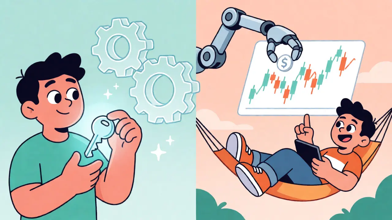 Split view comparing manual key custody against automated robotic trading