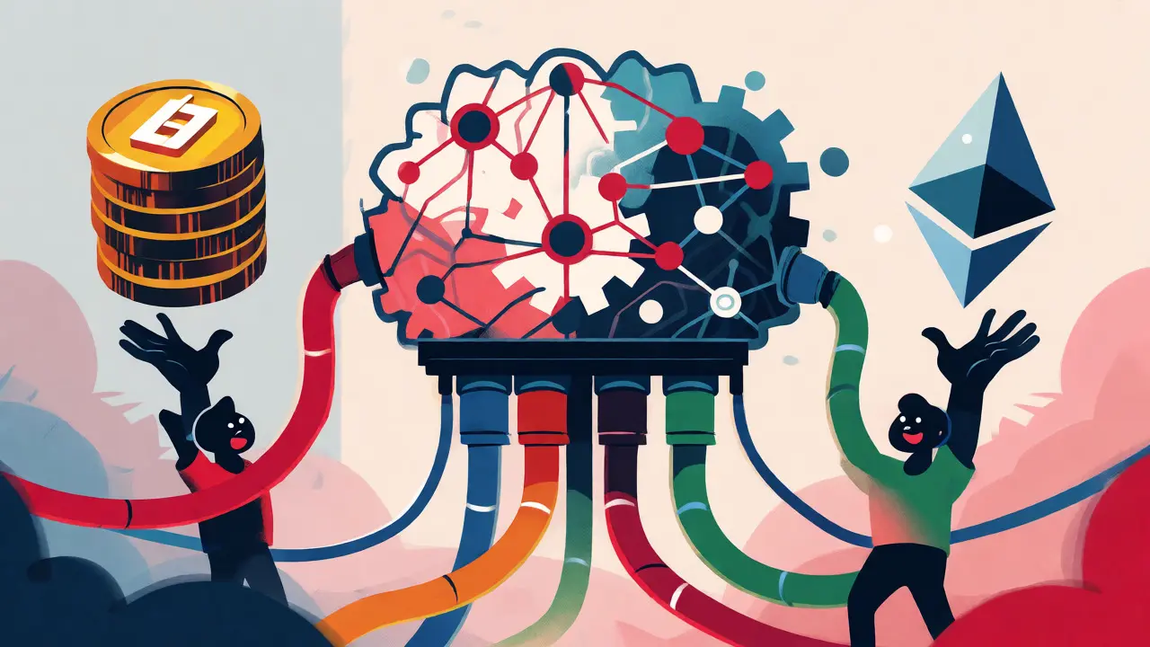 Stylized AI brain connected to BNB and Ethereum blockchain symbols in flat design.
