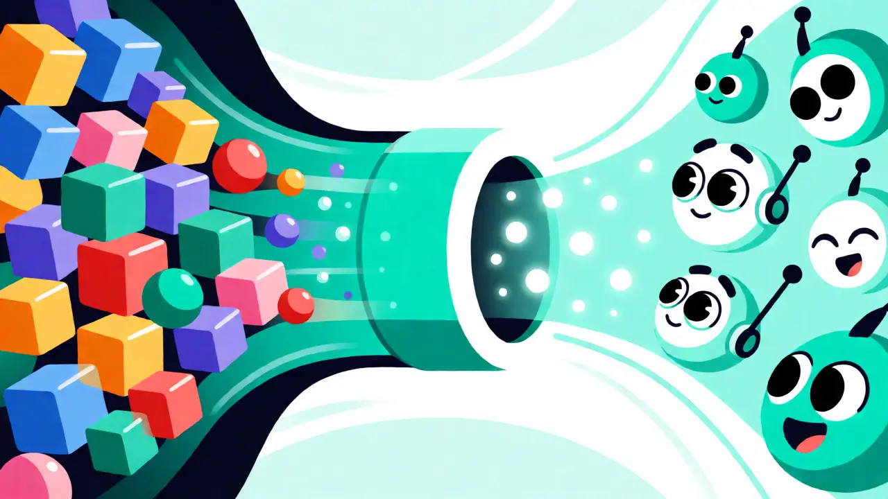 Stylized bridge connecting blockchain data cubes to happy AI agents