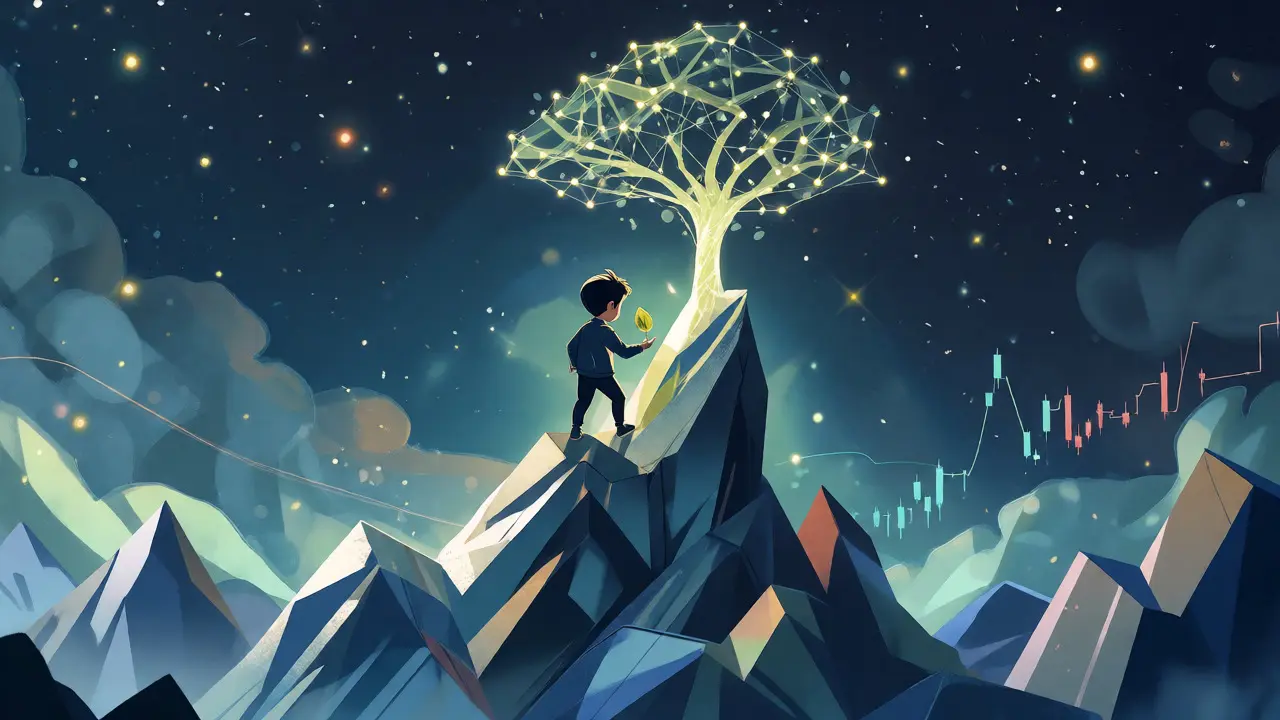 Stylized character planting a seed on a crystal mountain representing growth