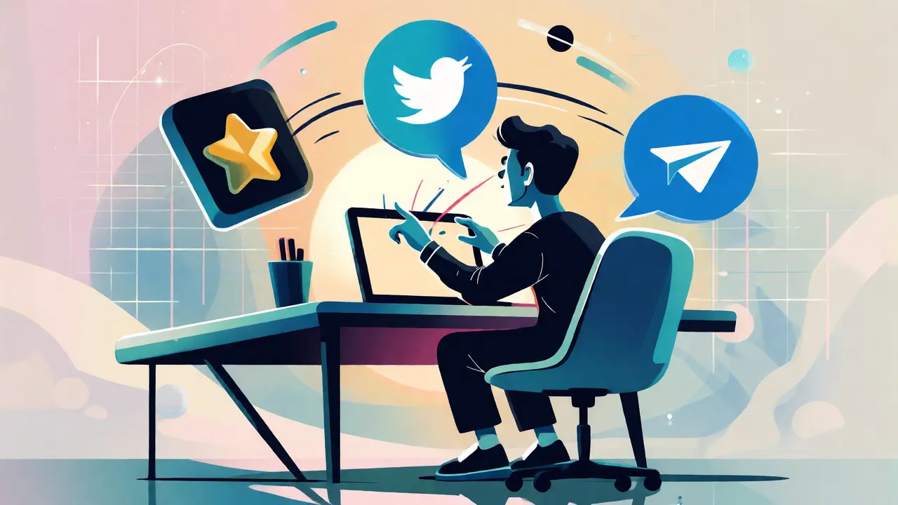 Stylized figure completing social media tasks for crypto airdrop