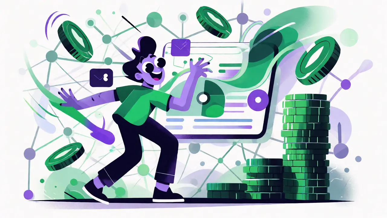 Stylized illustration of a user interacting with DeFi networks earning growing rewards
