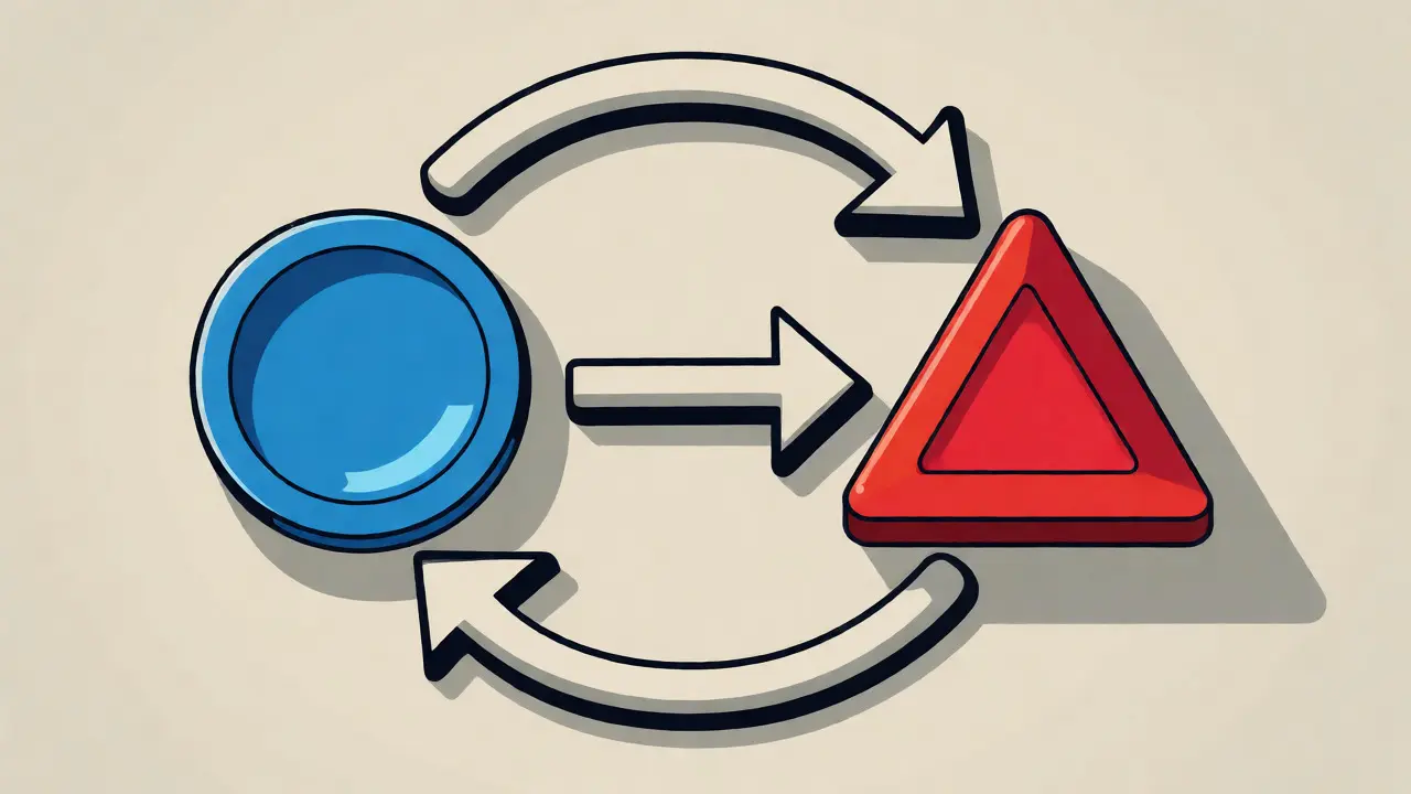 Stylized tokens interacting in a cycle illustrating dual-token mechanics
