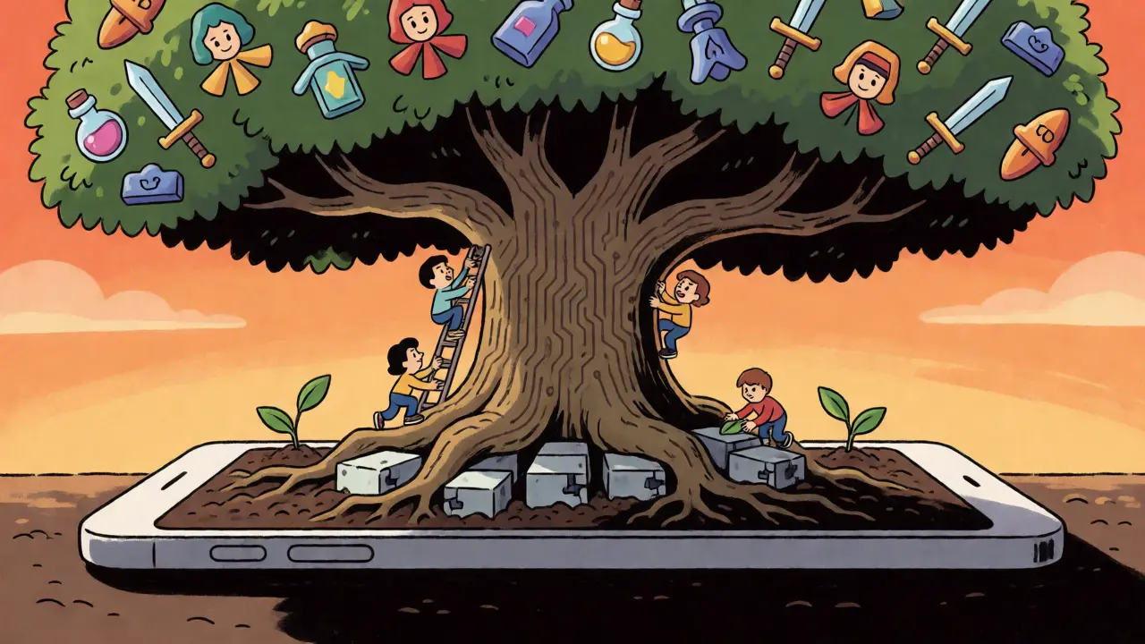 Stylized tree with blockchain roots growing from a device, symbolizing sustainable P2E gaming growth.