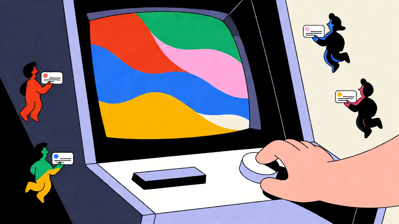 User pressing button on retro terminal with floating engagement avatars in cartoon style