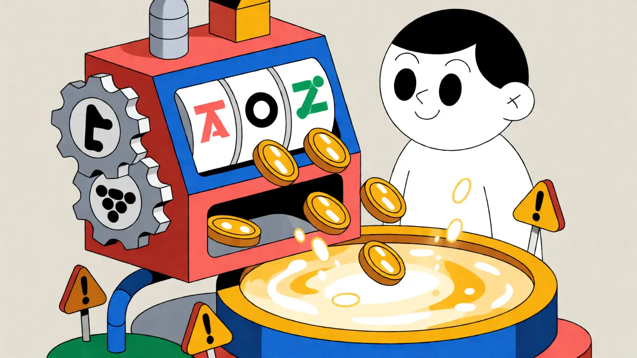 Whimsical cartoon machine mixing tokens to produce yield, illustrating liquidity farming.