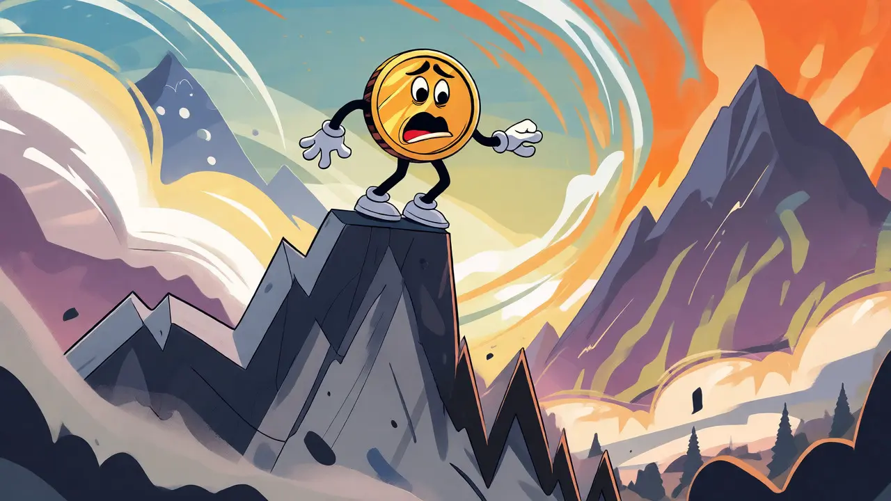 Worried coin character standing on a crashing price cliff with distant mountains.