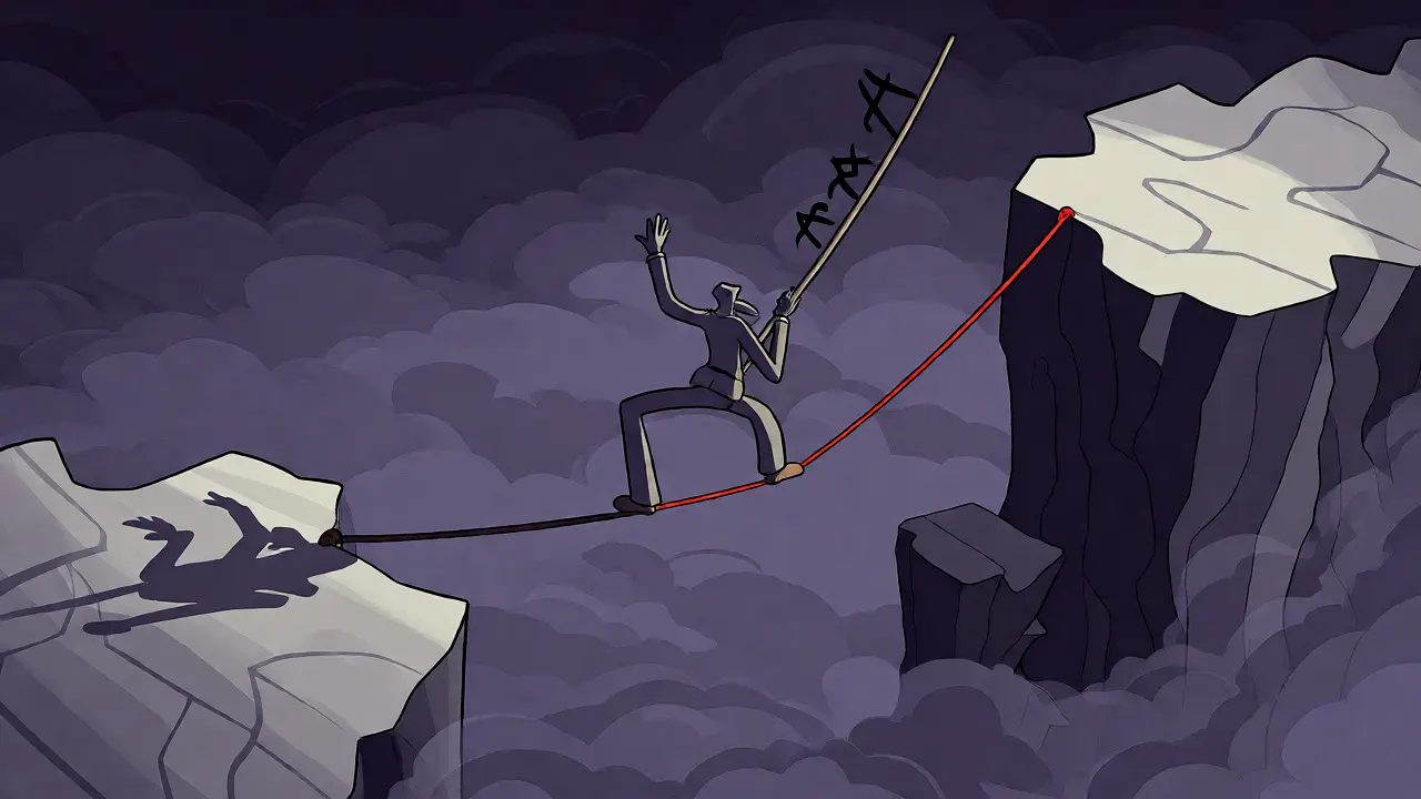 Abstract UPA illustration of a tightrope walker balancing over a misty chasm of risk.