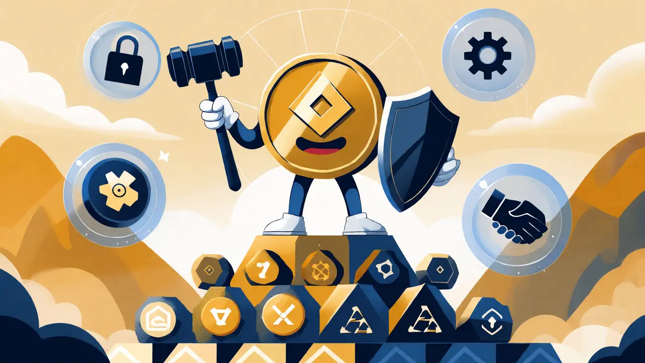 Anthropomorphic coin figure overseeing token governance and security