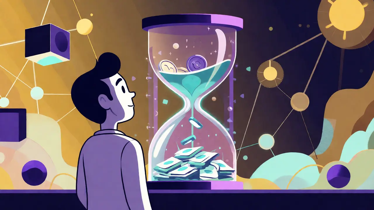 Cartoon figure watching tokens transform into votes inside a digital hourglass.