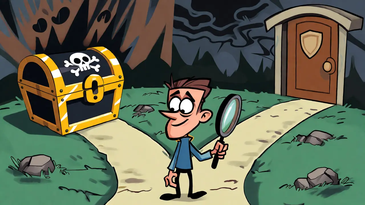 Character choosing between a risky treasure chest and a secure door to avoid scams