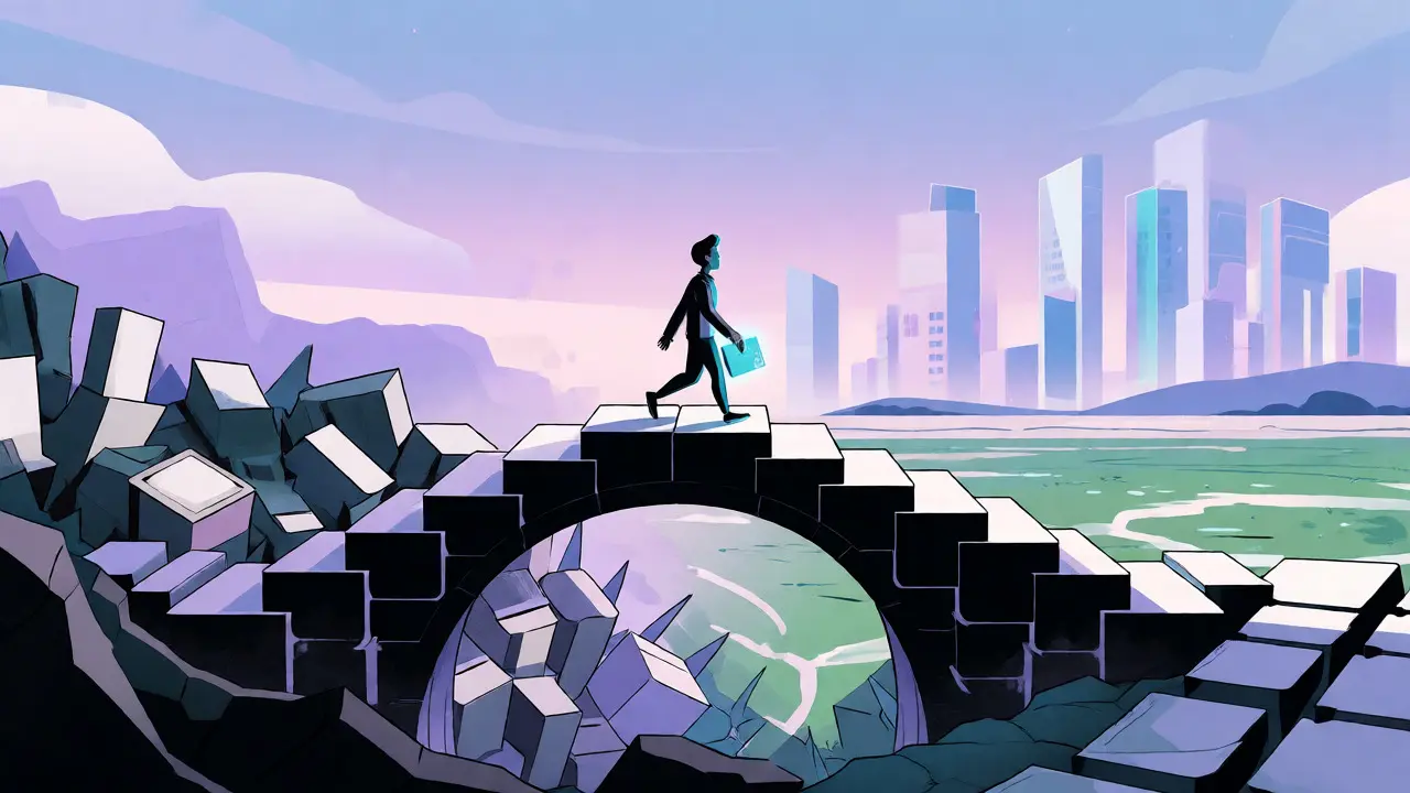Character crossing a bridge from complex verification to easy privacy-focused trading.