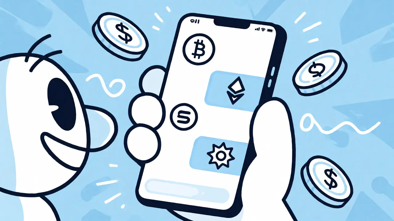 Character swapping tokens on phone with zero-fee icons in UPA style