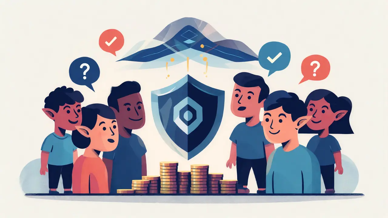 Community avatars protecting crypto assets behind a shield in UPA style.