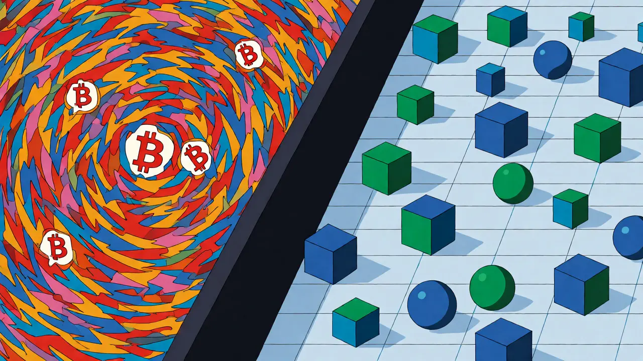 Contrast between chaotic crypto shapes and orderly tokenized assets