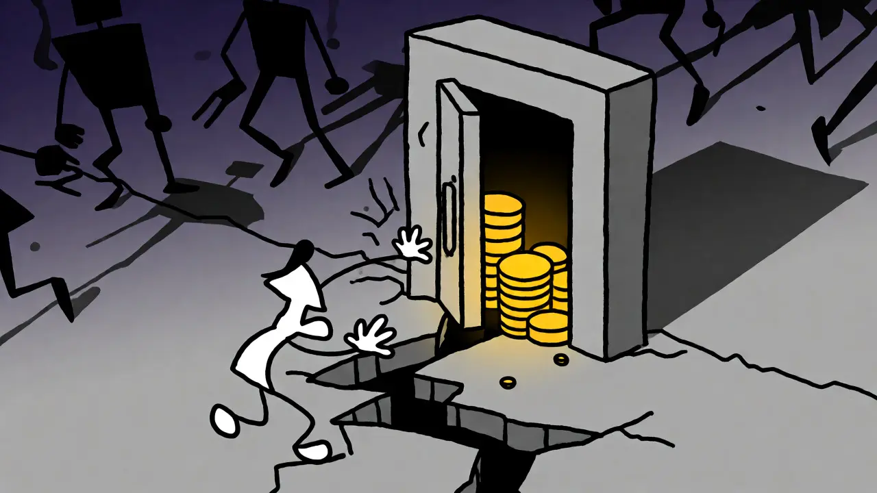 Cracked vault holding coins as shadowy regulatory figures approach in cartoon art
