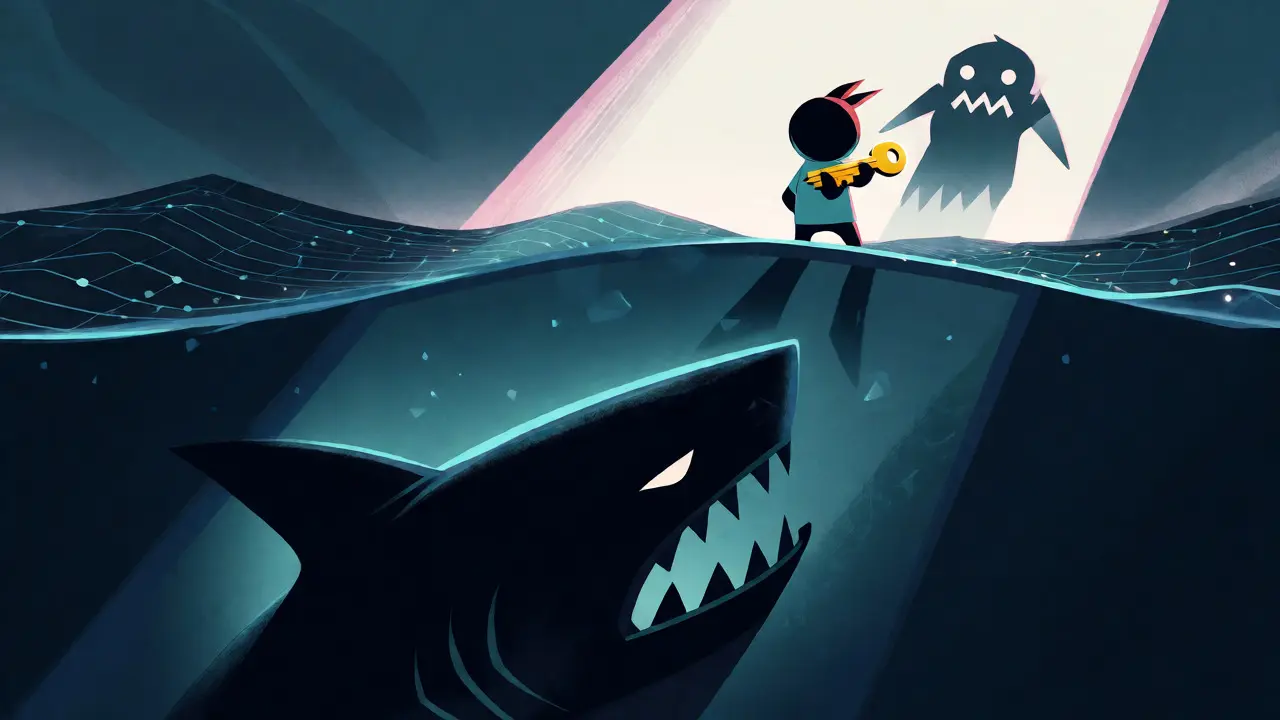 Crypto scam warning with shark lurking under digital waves