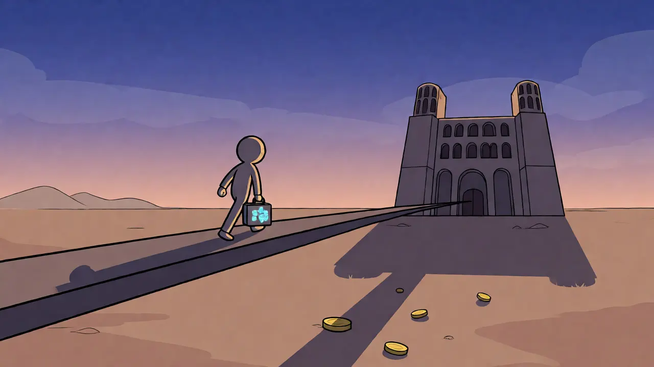 Figure carrying blockchain tech past a regulatory fortress in a desert