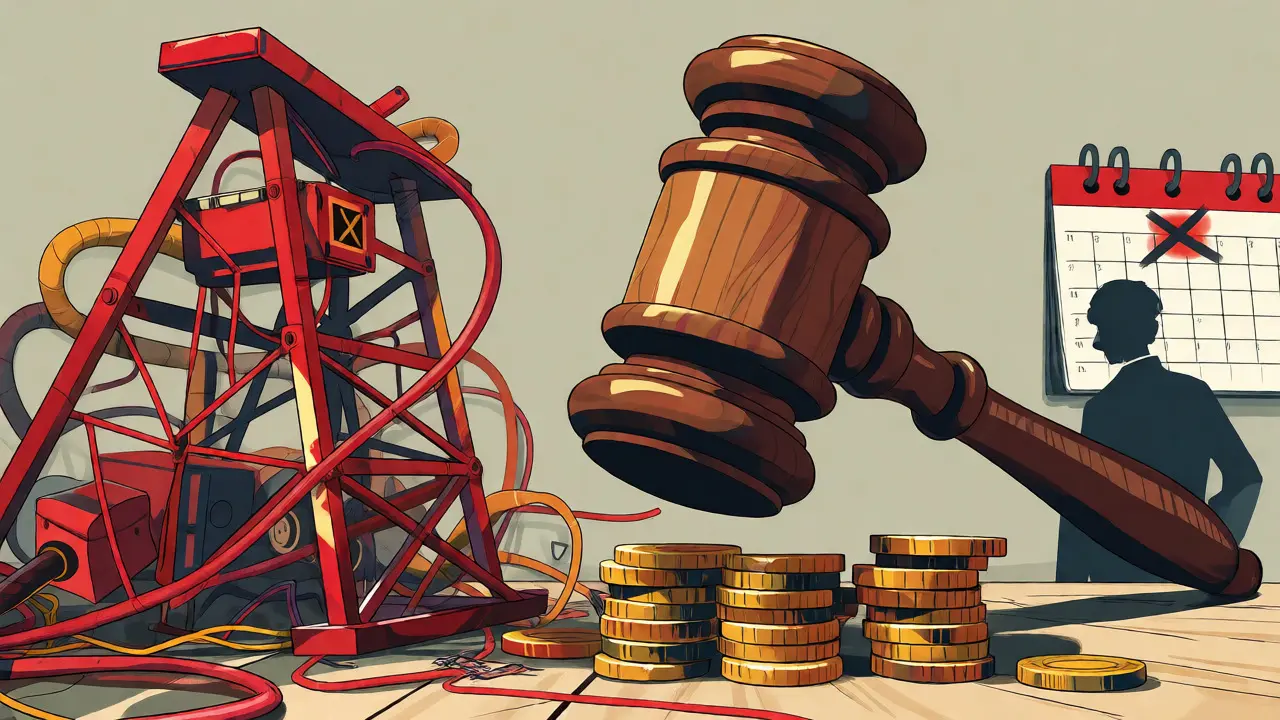 Gavel striking illegal mining rig and fines in cartoon style