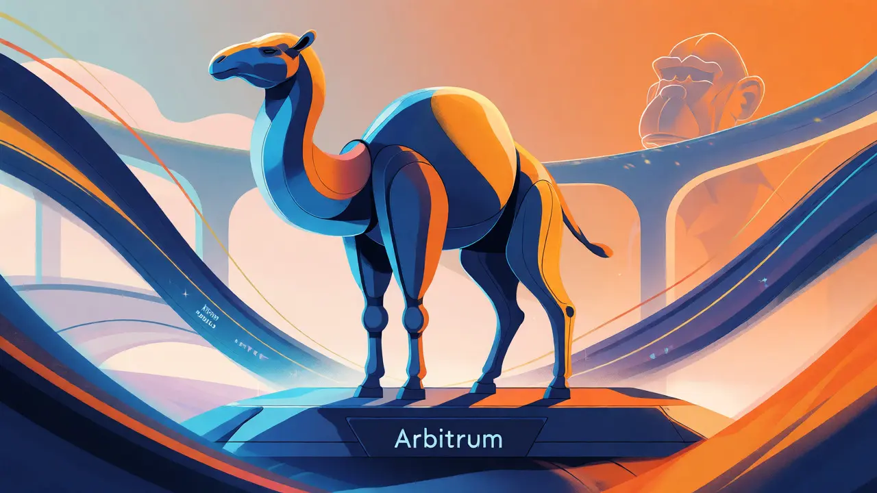 Geometric camel figure on Arbitrum platform with distant ApeChain