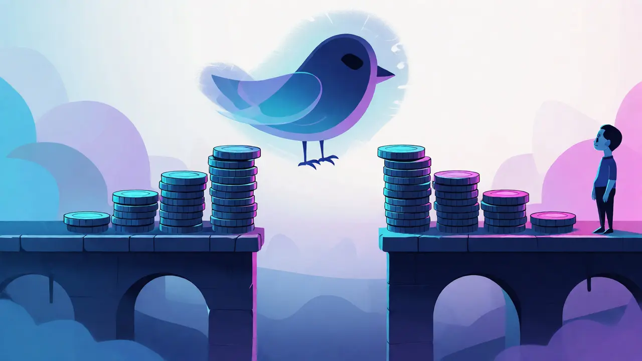 Ghost bird icon over broken bridge symbolizing defunct crypto project