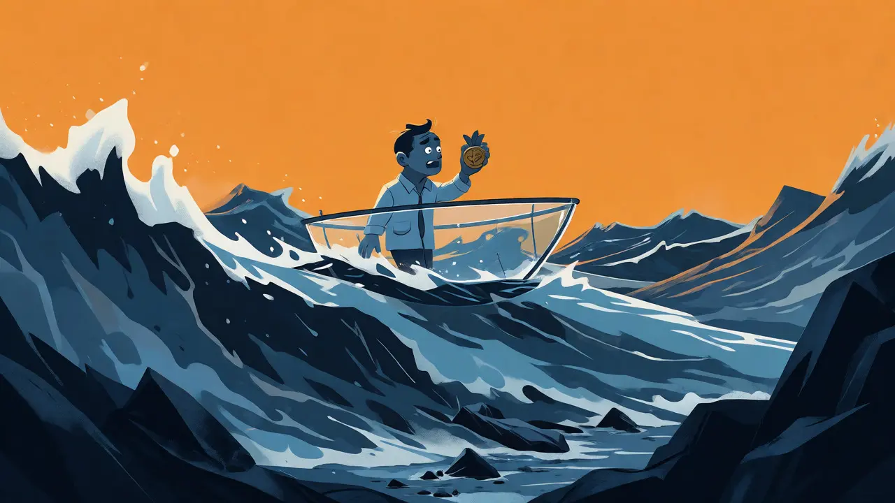 Investor in fragile boat on turbulent sea symbolizing low liquidity risks