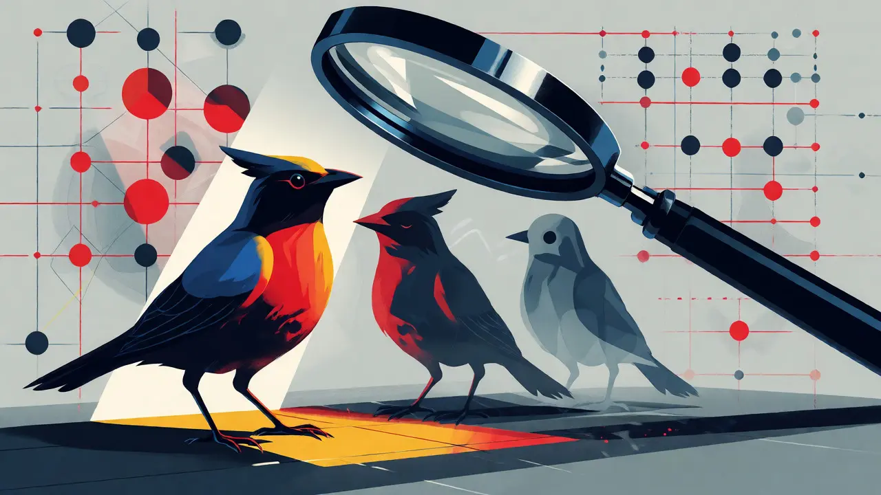 Magnifying glass inspecting three different bird figures representing project statuses