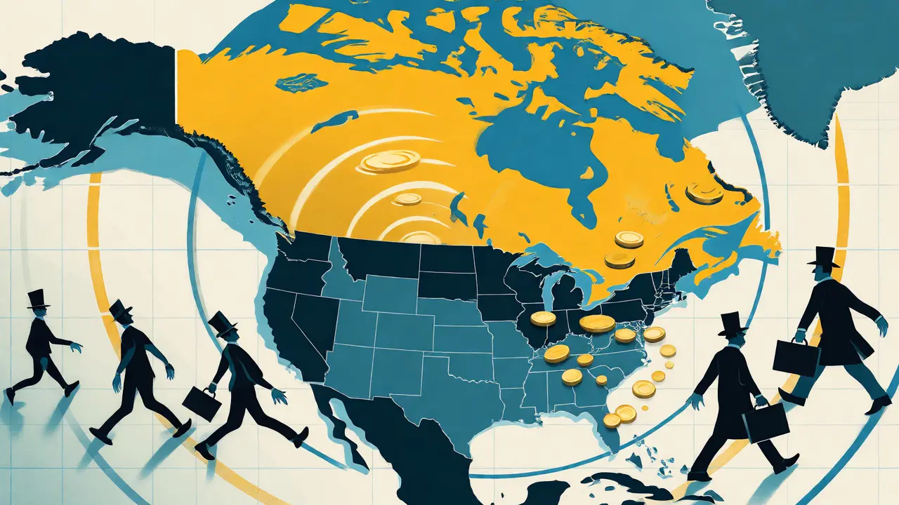 Map of North America showing regulatory influence spreading from Canada to US