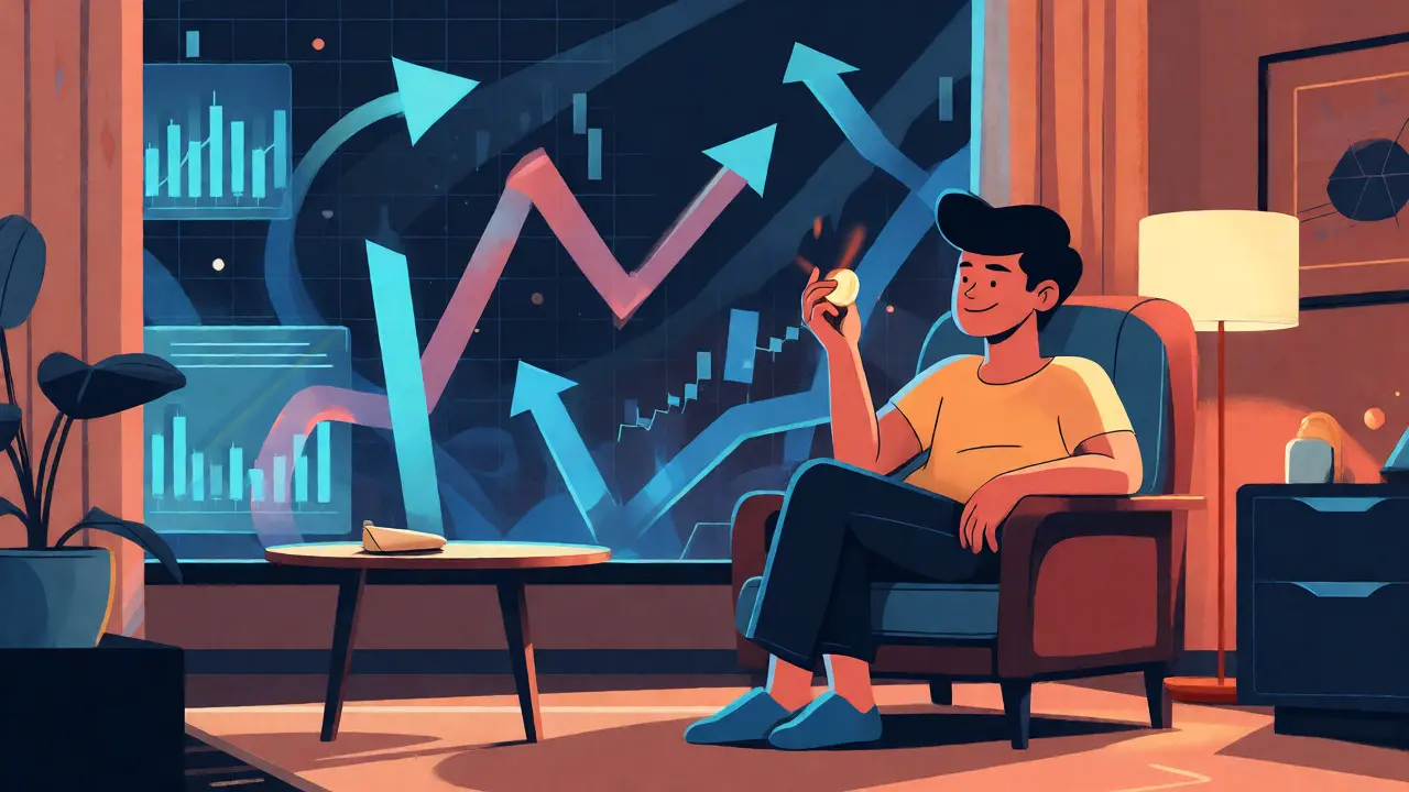 Relaxed user enjoying simple trading while complex markets rage outside.