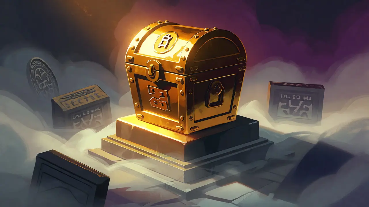 Shiny treasure chest on unstable misty ground symbolizing risk