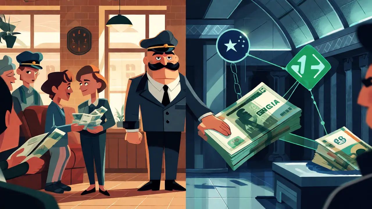 Split scene showing domestic ruble use versus international crypto trade