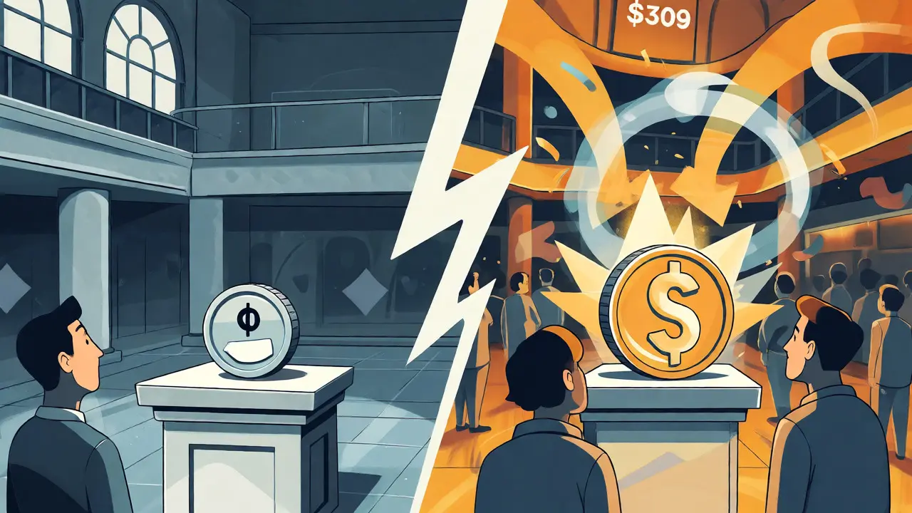 Split-screen cartoon contrasting low and high token prices due to liquidity issues.